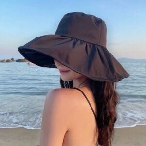 Womens Fashion Black UPF 50+ Fisherman Sun Hat With Drawstring